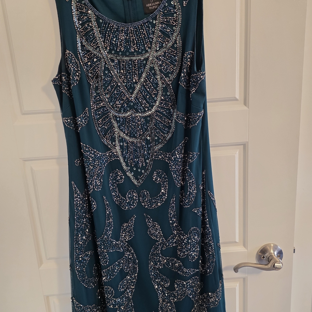 Adrianna Papell Teal and Silver Beaded Midi Dress